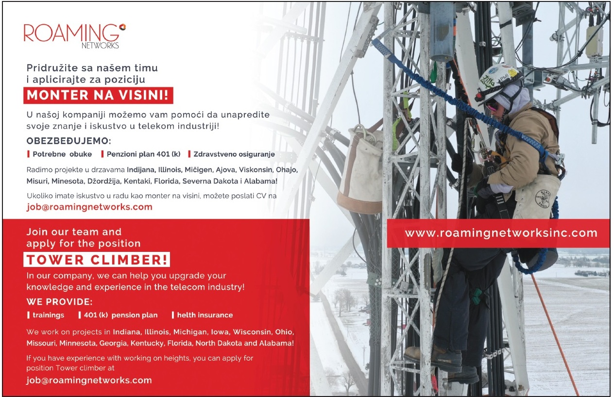 Roaming Networks Inc - Pozicija MONTER ZA RAD NA VISINI je otvorena